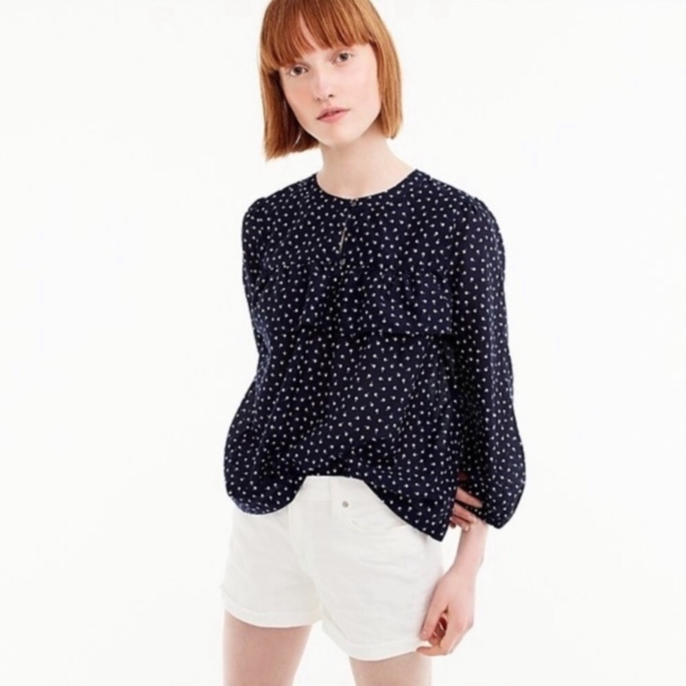 JCrew Navy Cherry Print Top with Ruffle, M